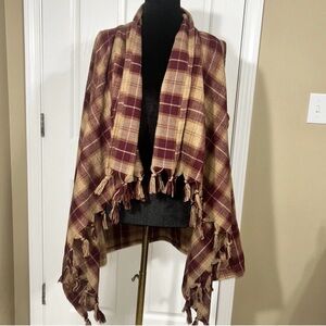 Entro Women's Plaid Open Front Vest Fringe Hem Burgundy Tan Size M Cozy Layering